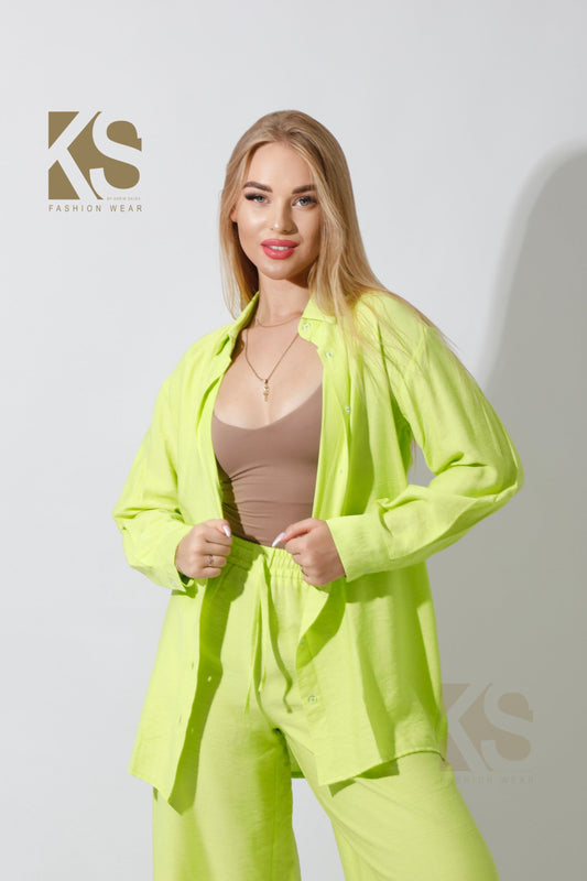 Co-Ord Long Sleeves Shirt - Lime Green