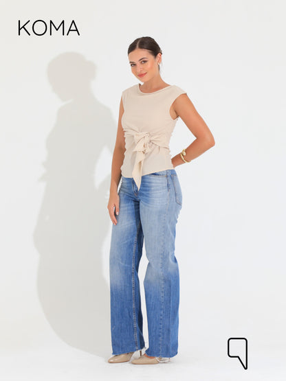Paula Tied Up Cut Top  - Beige