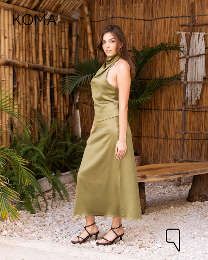 Violet Satin Midi Skirt - Olive