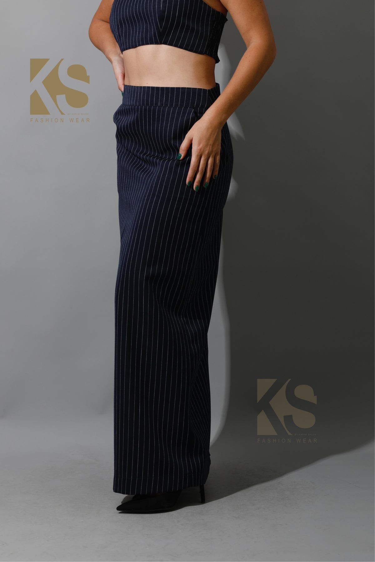 Striped Cropped Blazer, Bra Top & Maxi Skirt Co-Ord - Navy