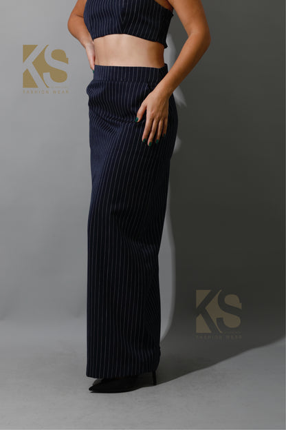 Striped Cropped Blazer, Bra Top & Maxi Skirt Co-Ord - Navy