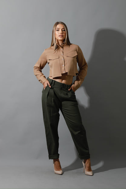 Pockets Cropped Shirt - Beige