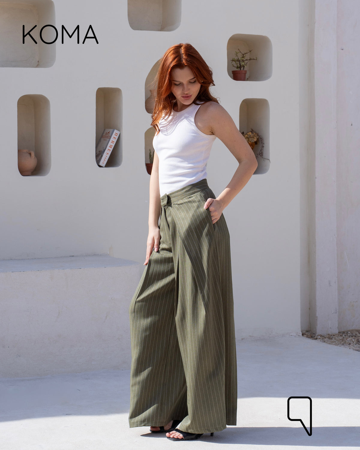 Stripped Double Pleated Trousers - Olive
