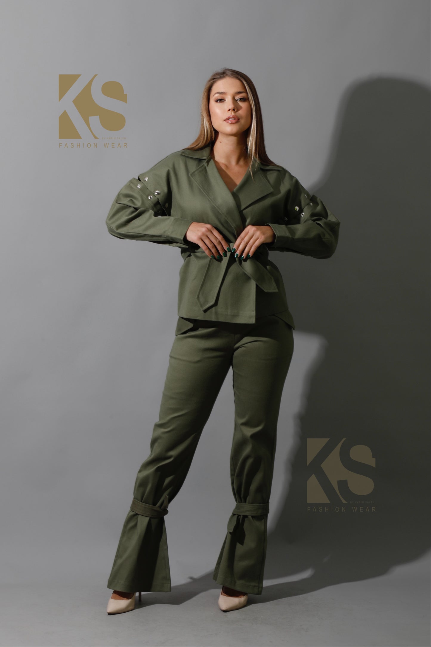 Co-Ord Detached Sleeves Jacket &  Tied BootCut pants - Olive