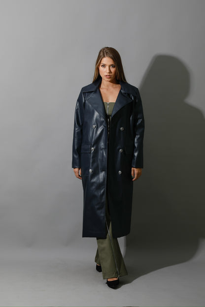 Textured Leather Coat - Navy