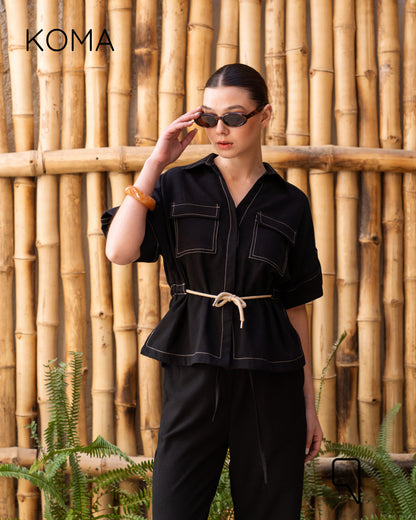 Leilani Stitched Shirt & Straight Trousers Set - Black