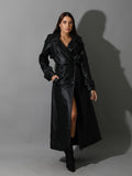 Bella Faux Leather Trench Coat with White Stitch - Black