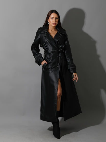 Leather Trench Coat With White Stitch - Black