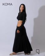 Greta Crincle Cropped Shirt & Skirt Set - Black
