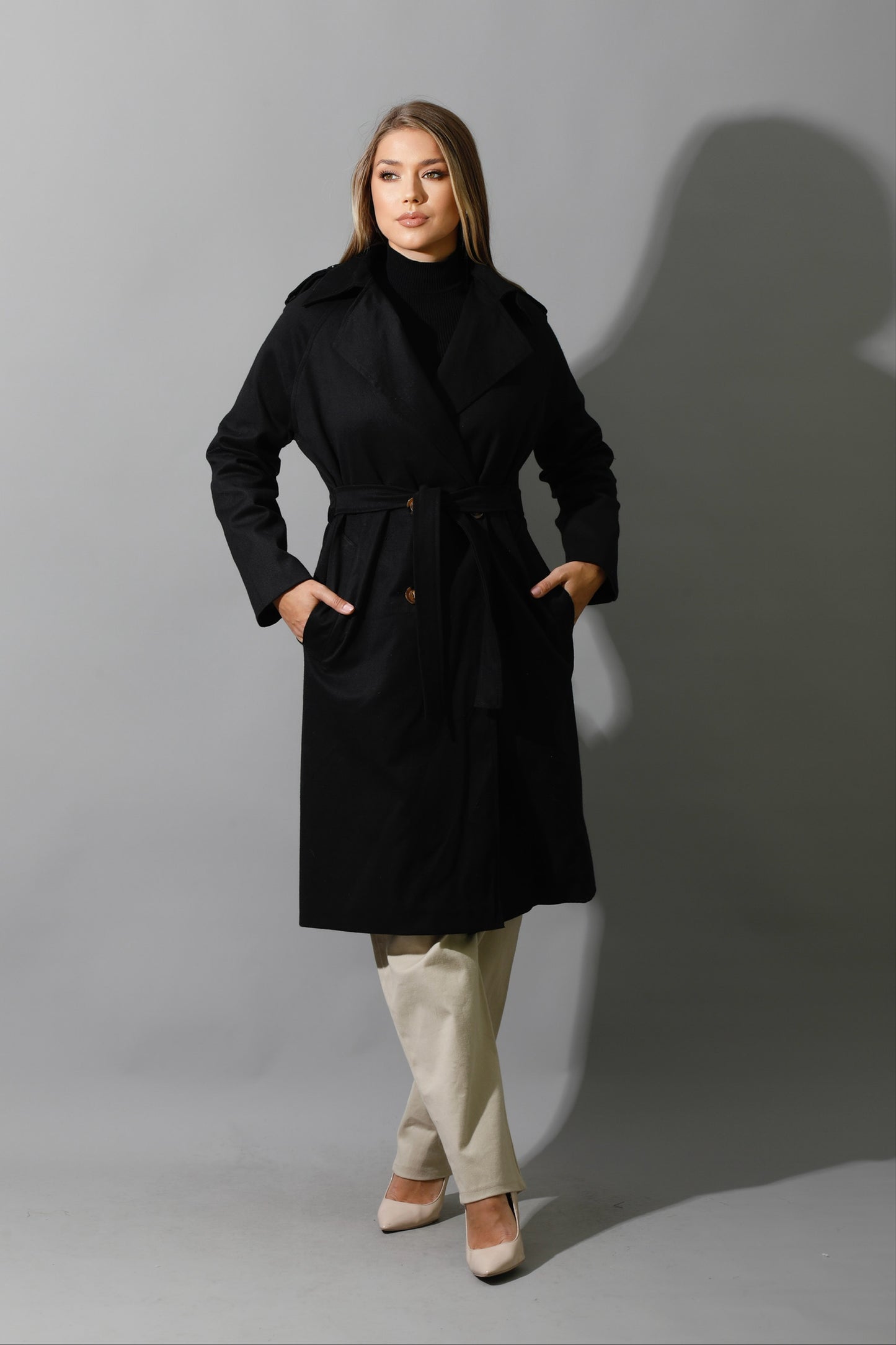 Wrapped Belted Trench Coat - Black