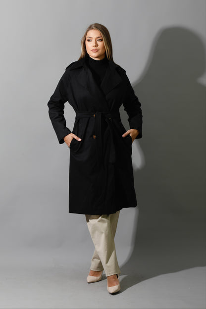Wrapped Belted Trench Coat - Black