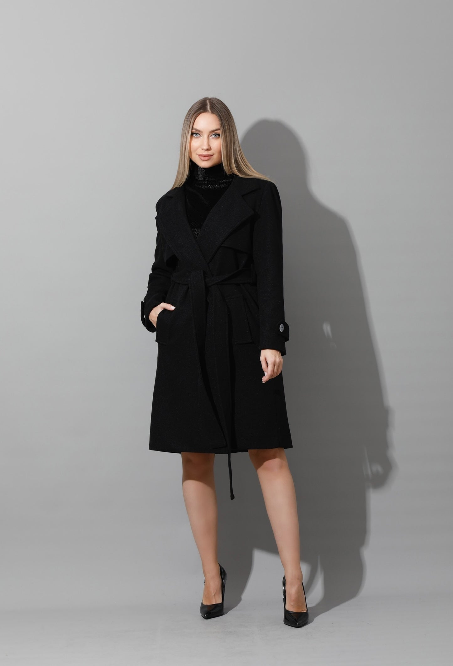 Woolen Wrapped Belted trench Coat - Black