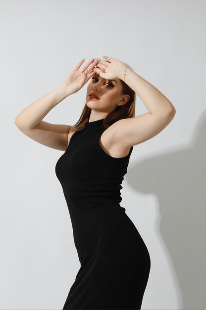 Slinky High Neck Midi Sleeveless Dress - Black