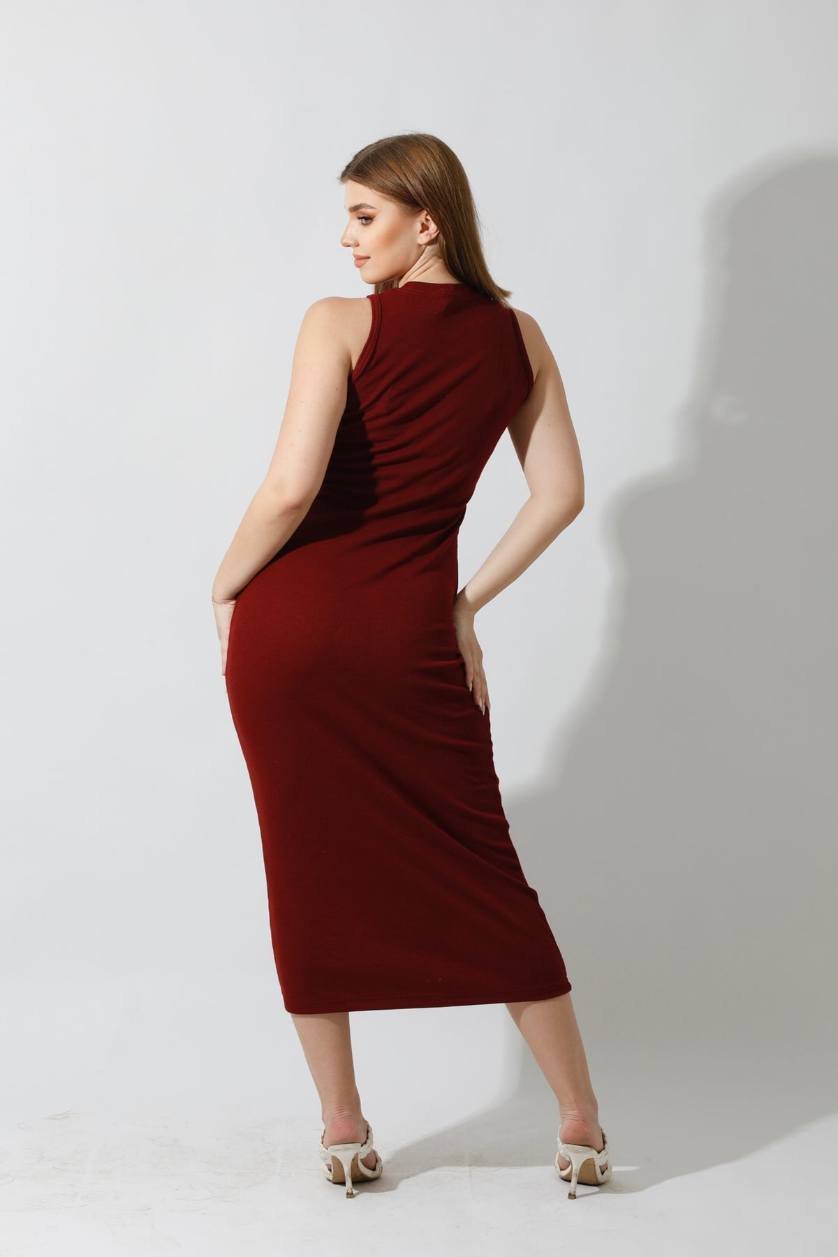 Slinky High Neck Midi Sleeveless Dress - Maroon