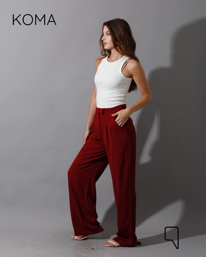 High Waist Straight Leg Trousers - Maroon