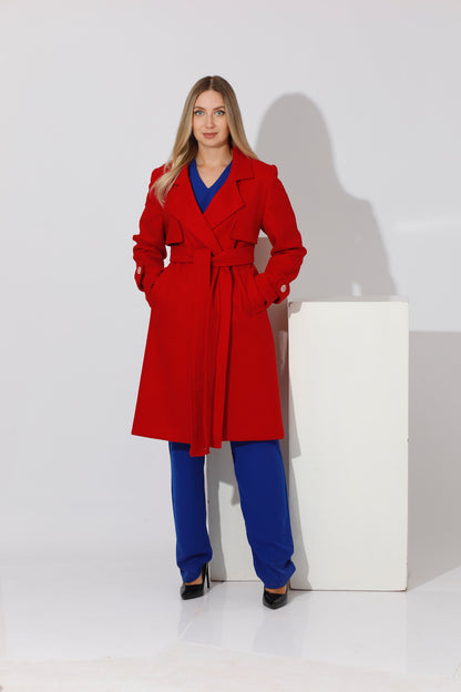 Woolen Wrapped Belted trench Coat - Red