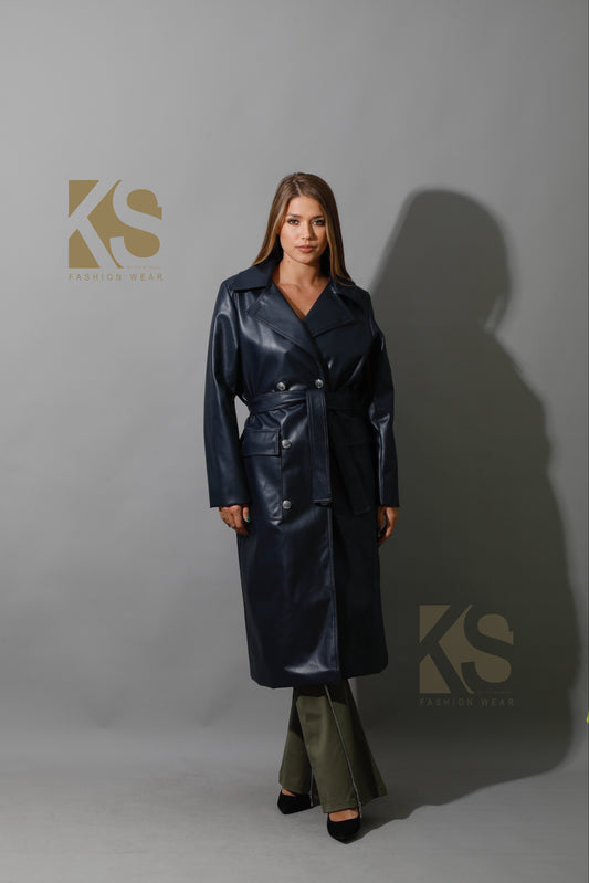 Textured Leather Coat - Navy