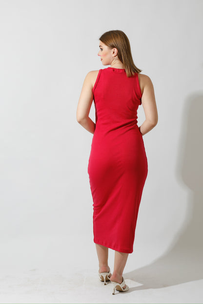Slinky High Neck Midi Sleeveless Dress - Barbie Pink