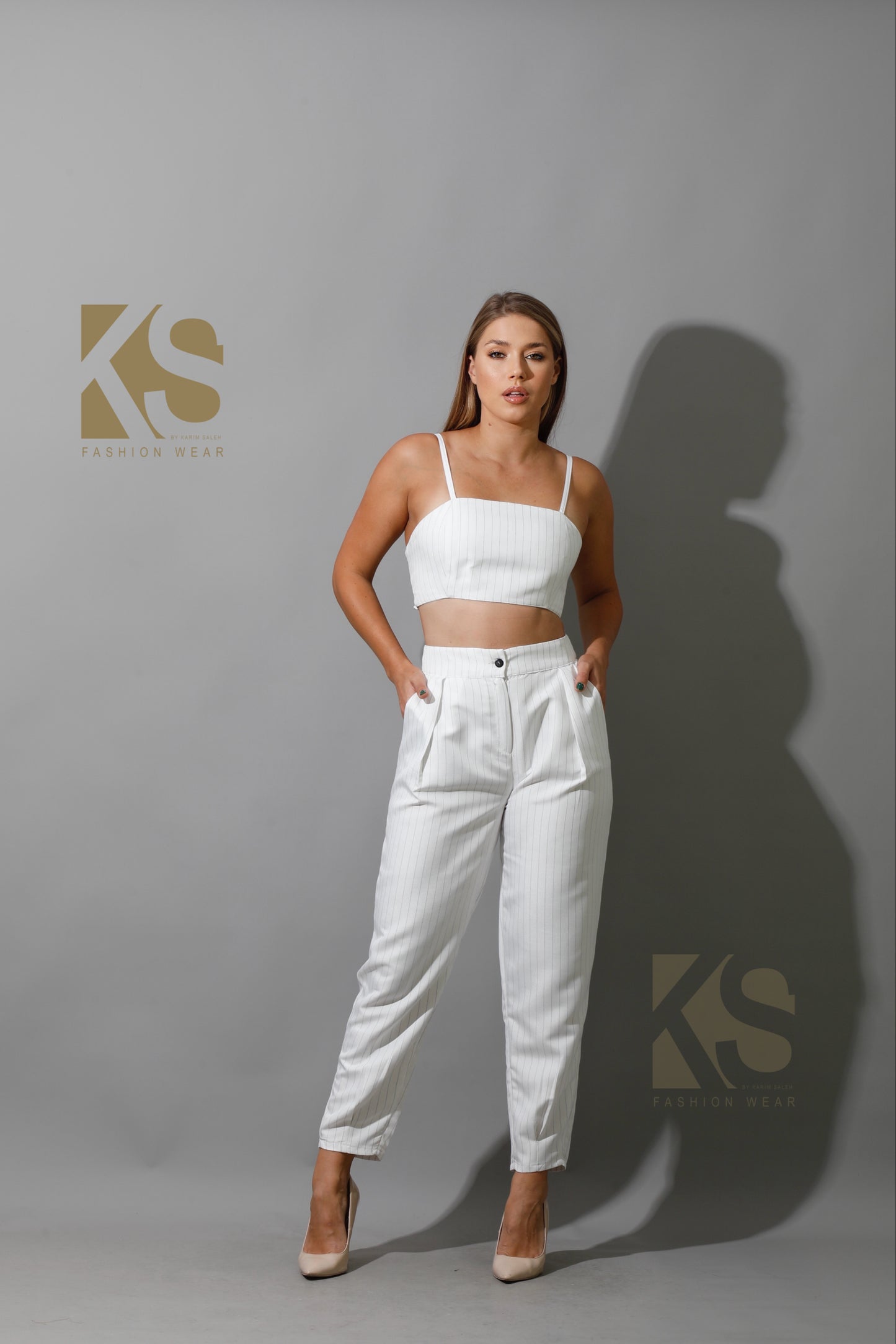 Striped Paper-bag Pants Co-Ord - White