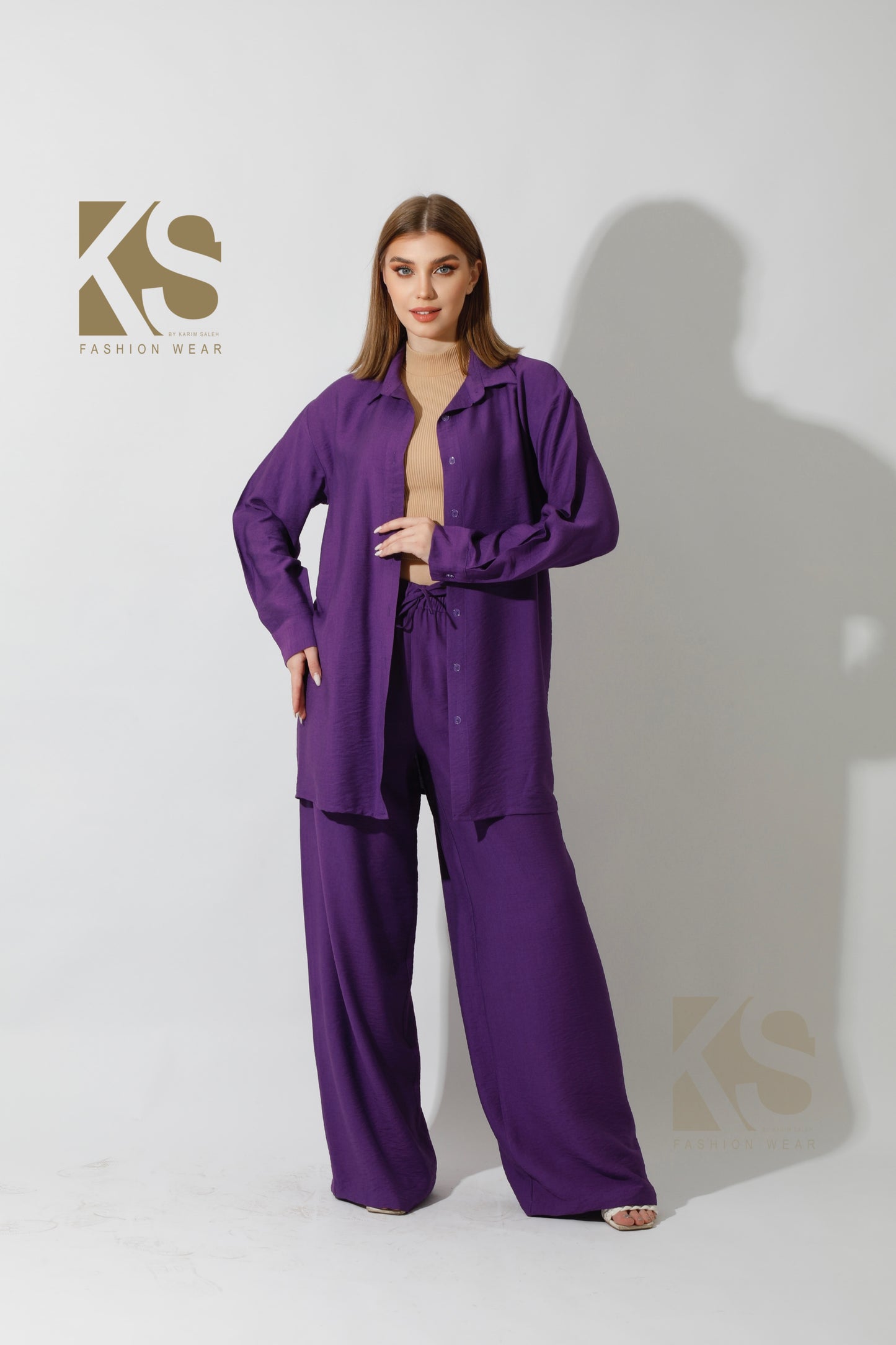 Long Shirt & Wide Leg Trousers Set - Purple