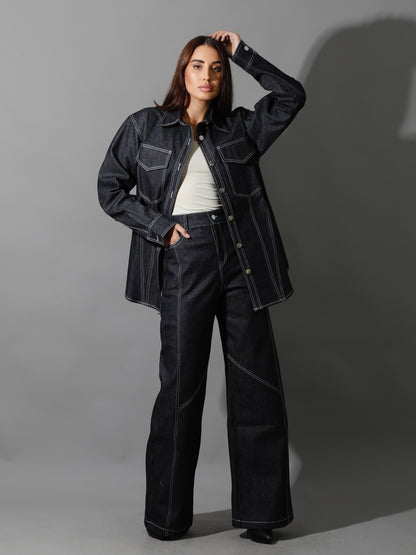 Co-Ord Jeans Cutout Shirt & Cutout Pants - Navy Blue