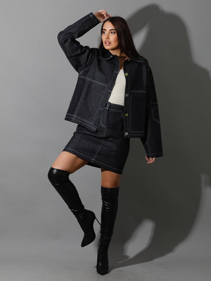 Co-Ord Jeans Sleeves Jacket - Navy Blue