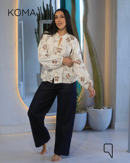 Elsie Rustic Textured Embroidered Blouse - Camel