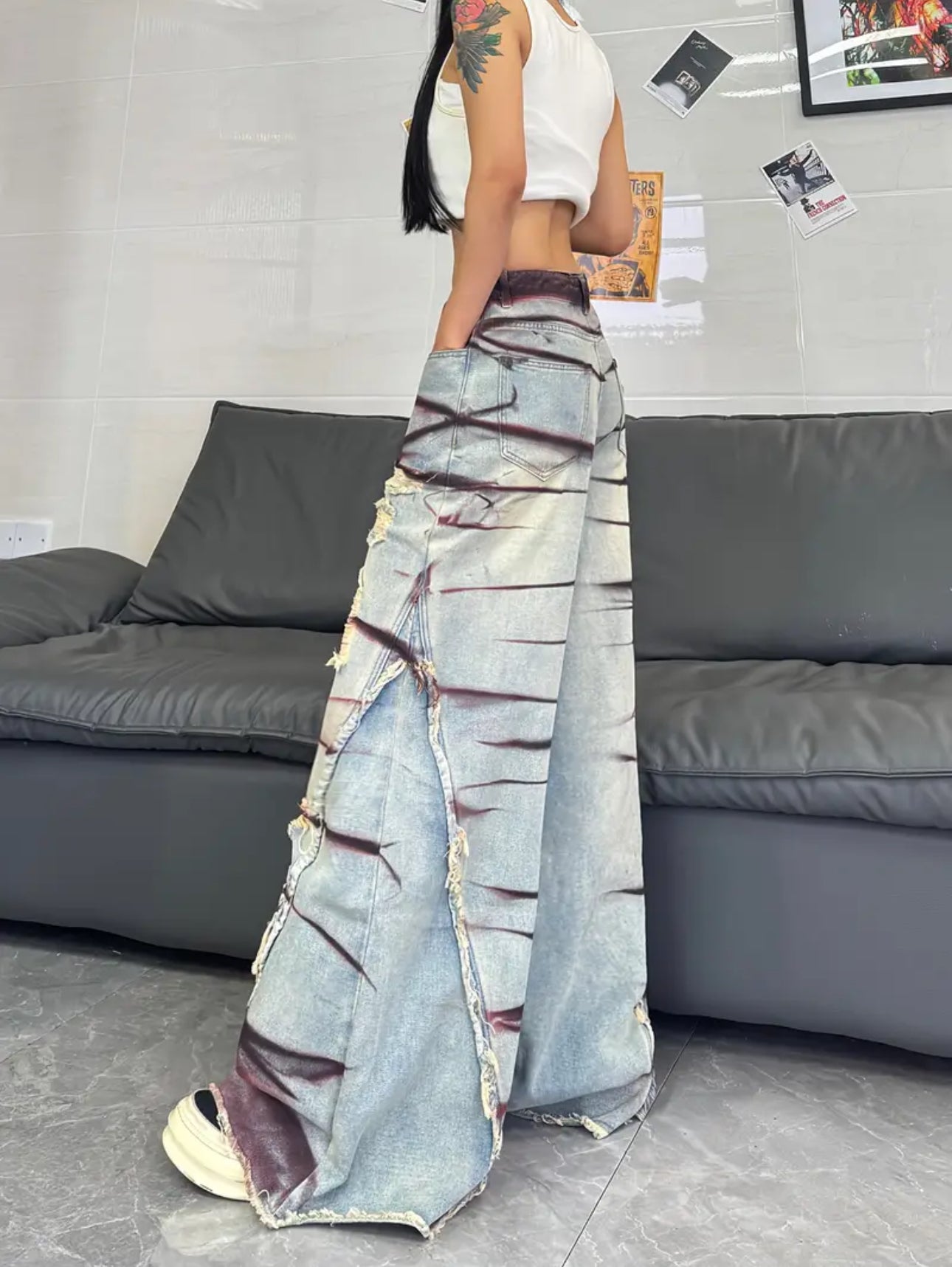 Gaia High-Wasted Distressed Wide Leg Trousers - Multicolored
