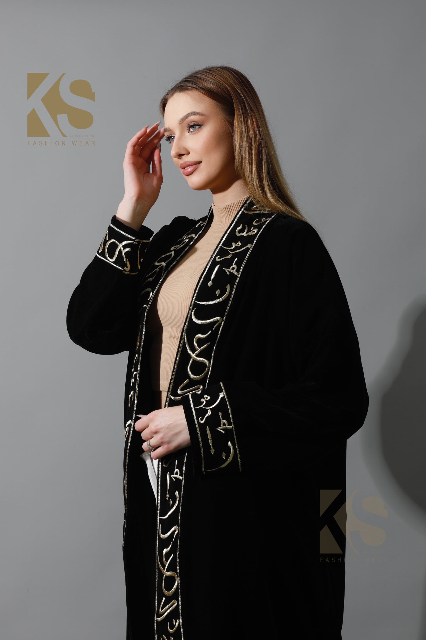 Arabic Letter Long Kaftan - Black & Gold