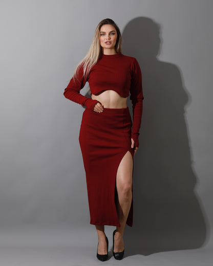 Co-ord Crop Top & Midi Skirt Rib Set - Maroon