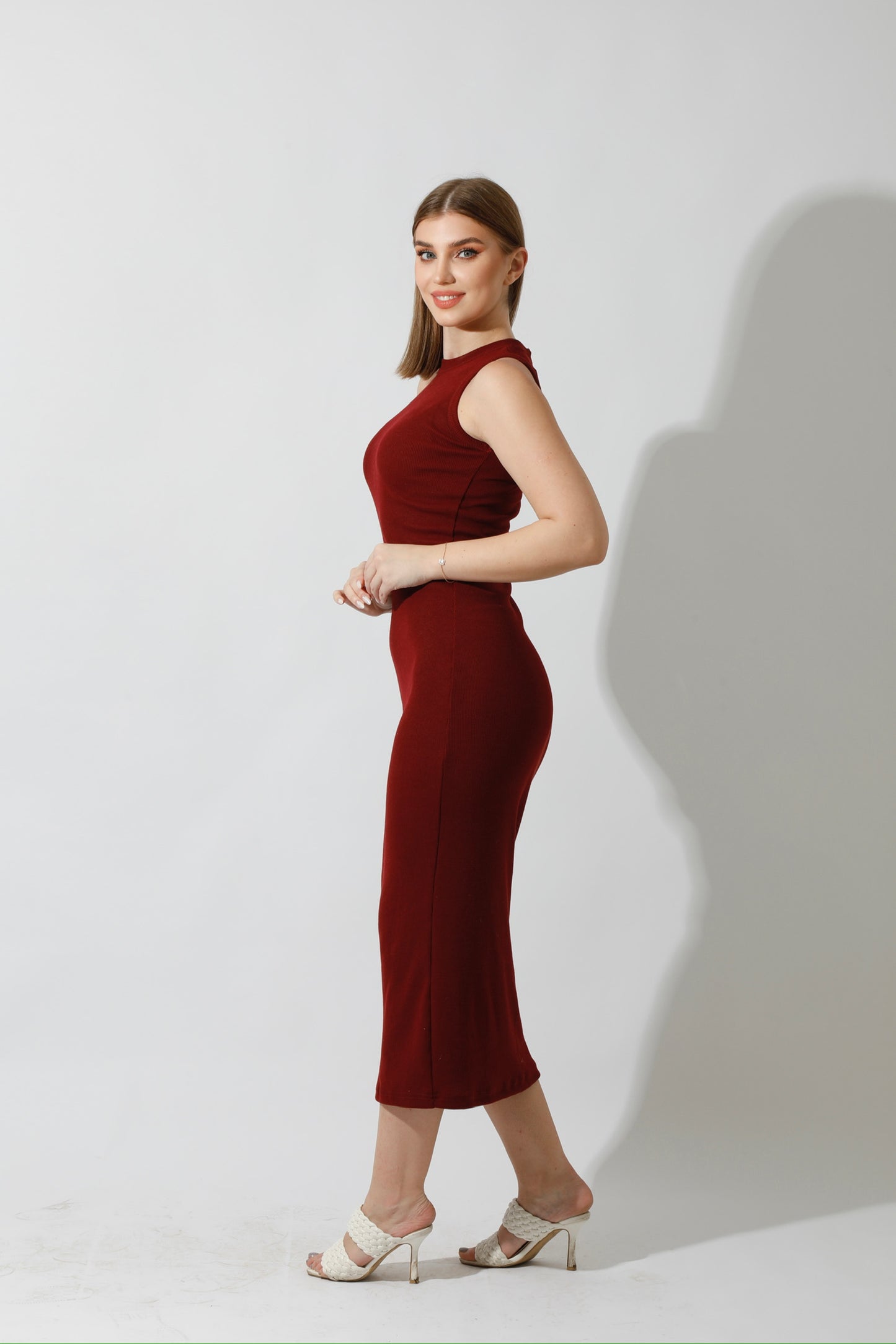 Slinky High Neck Midi Sleeveless Dress - Maroon