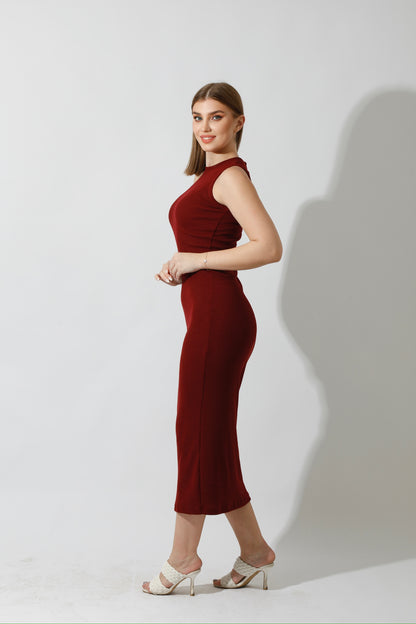Slinky High Neck Midi Sleeveless Dress - Maroon