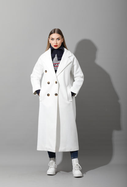 Darcy Long Double Breasted Coat - White