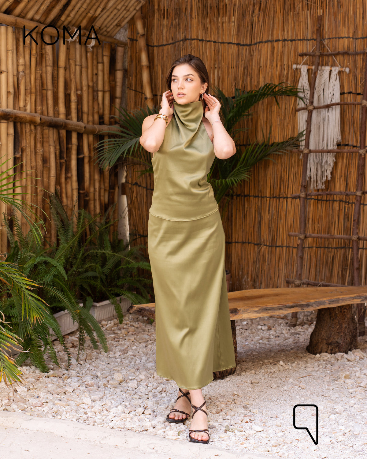 Violet Satin Halter Top & Midi Skirt Co-Ord - Olive
