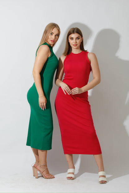 Slinky High Neck Midi Sleeveless Dress - Green