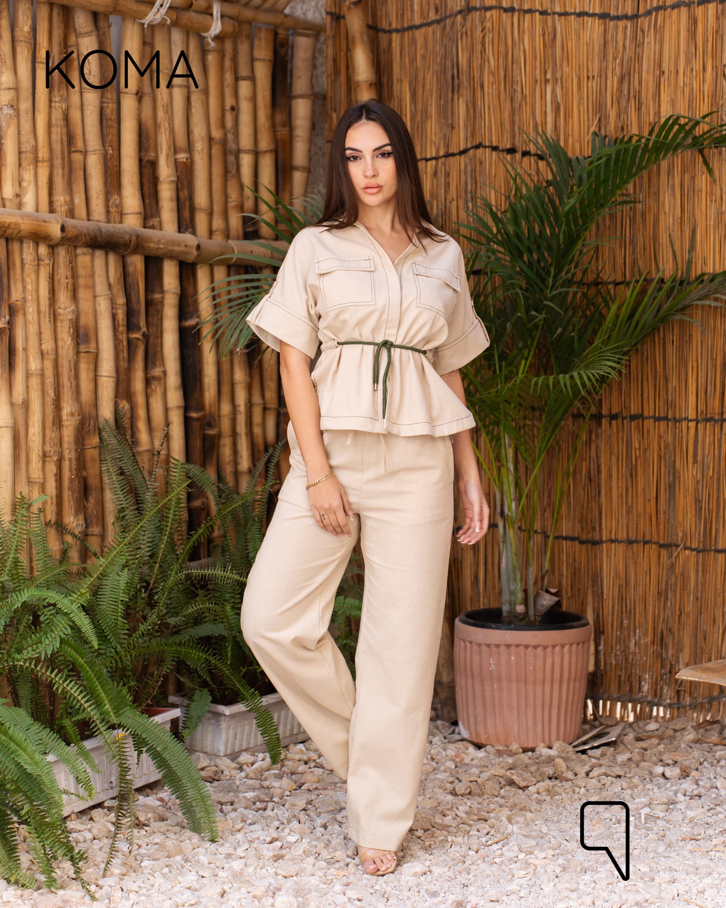 Leilani Stitched Shirt & Straight Trousers Set - Beige