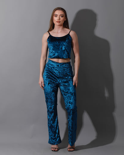 Velvet Crop Top & Bootcut Trousers Set - Petrol