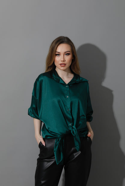 Oversized Satin Blouse - Dark Green