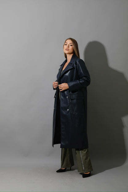 Textured Leather Coat - Navy