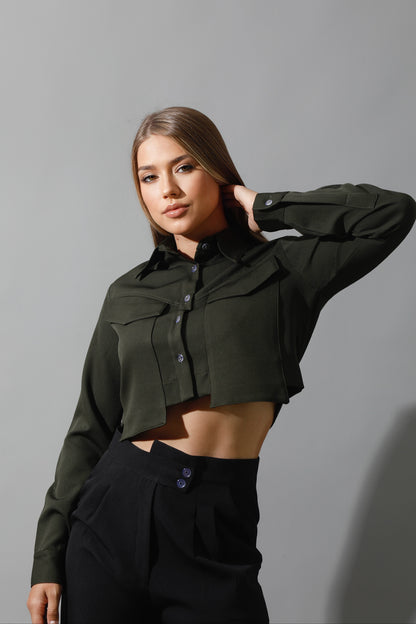 Pockets Cropped Shirt - Olive