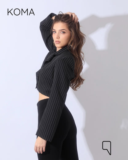 Striped Cropped Blazer Co-Ord - Black