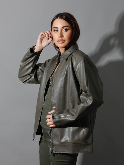 Leather Zipper Sleeved Jacket - Olive