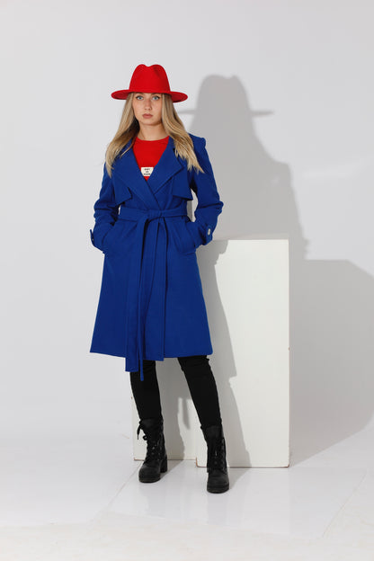 Woolen Wrapped Belted trench Coat - Electric Blue
