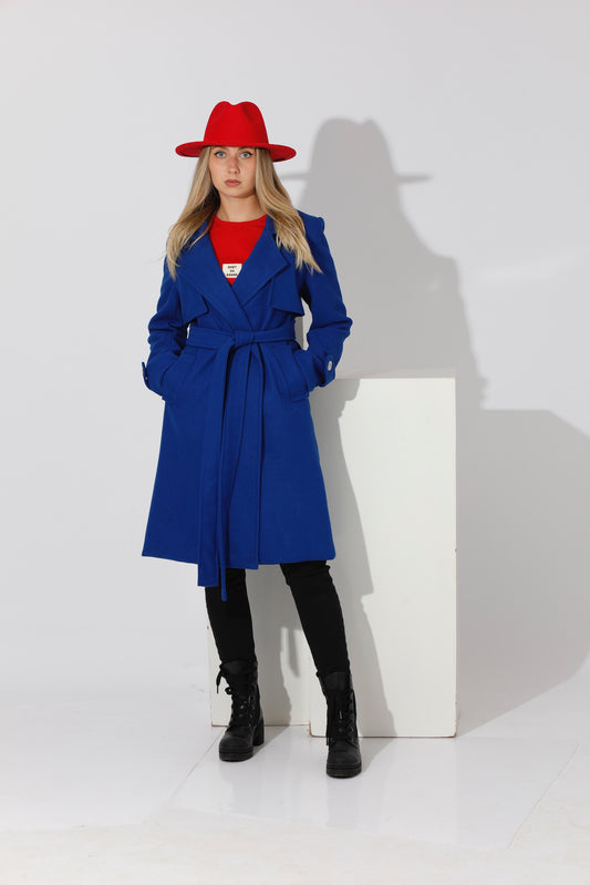 Woolen Wrapped Belted trench Coat - Electric Blue