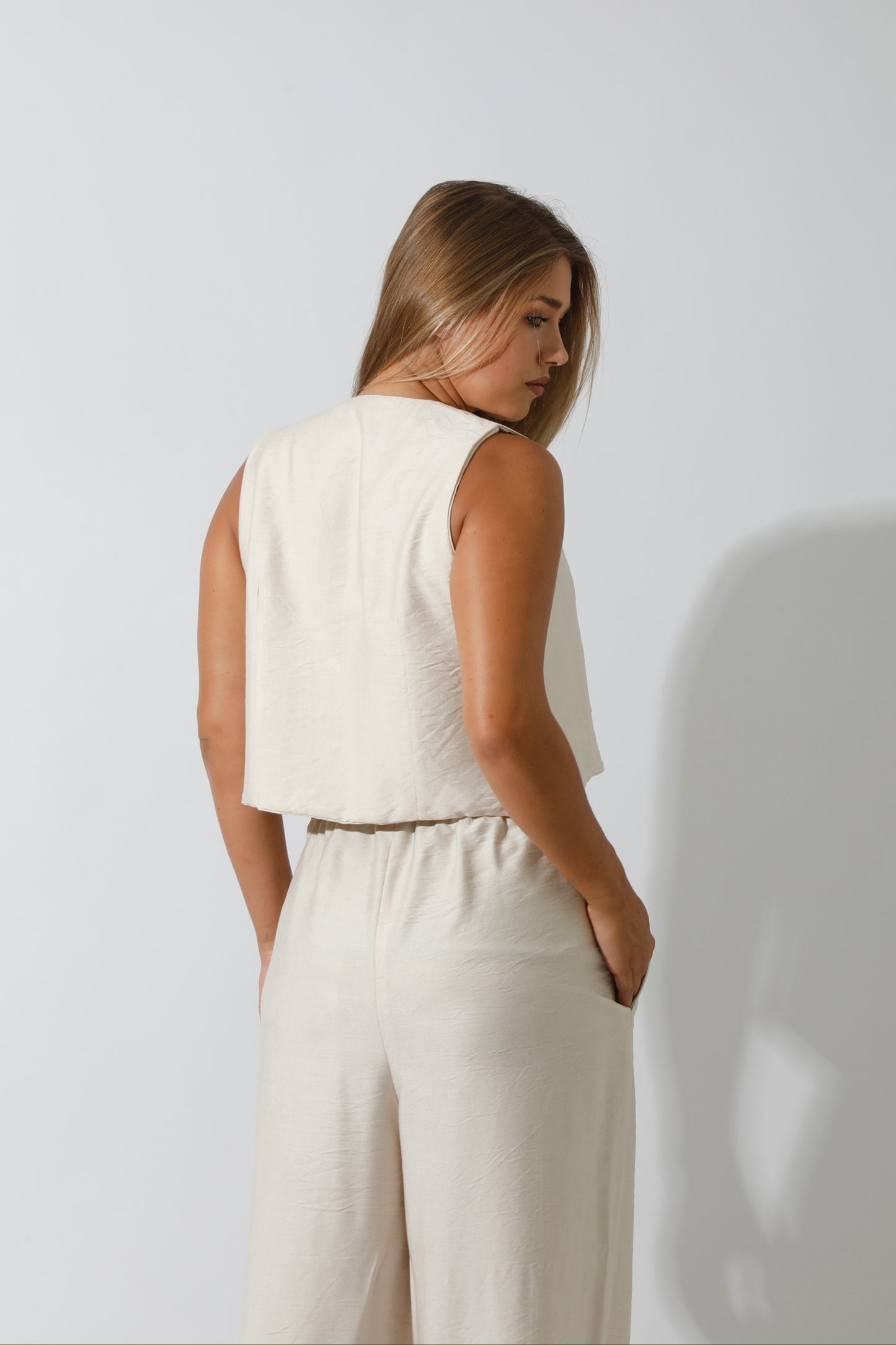 Vest & Lose Tied Pants Set - Beige