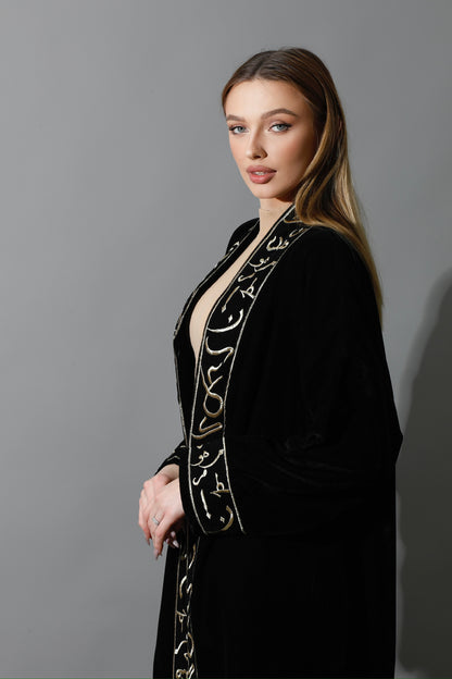 Arabic Letter Long Kaftan - Black & Gold