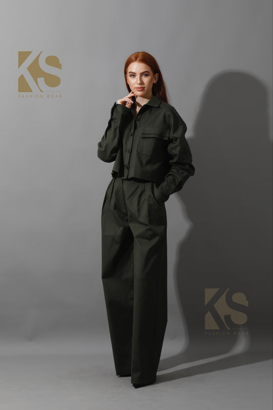 Pleated Wide Leg Trousers - Olive