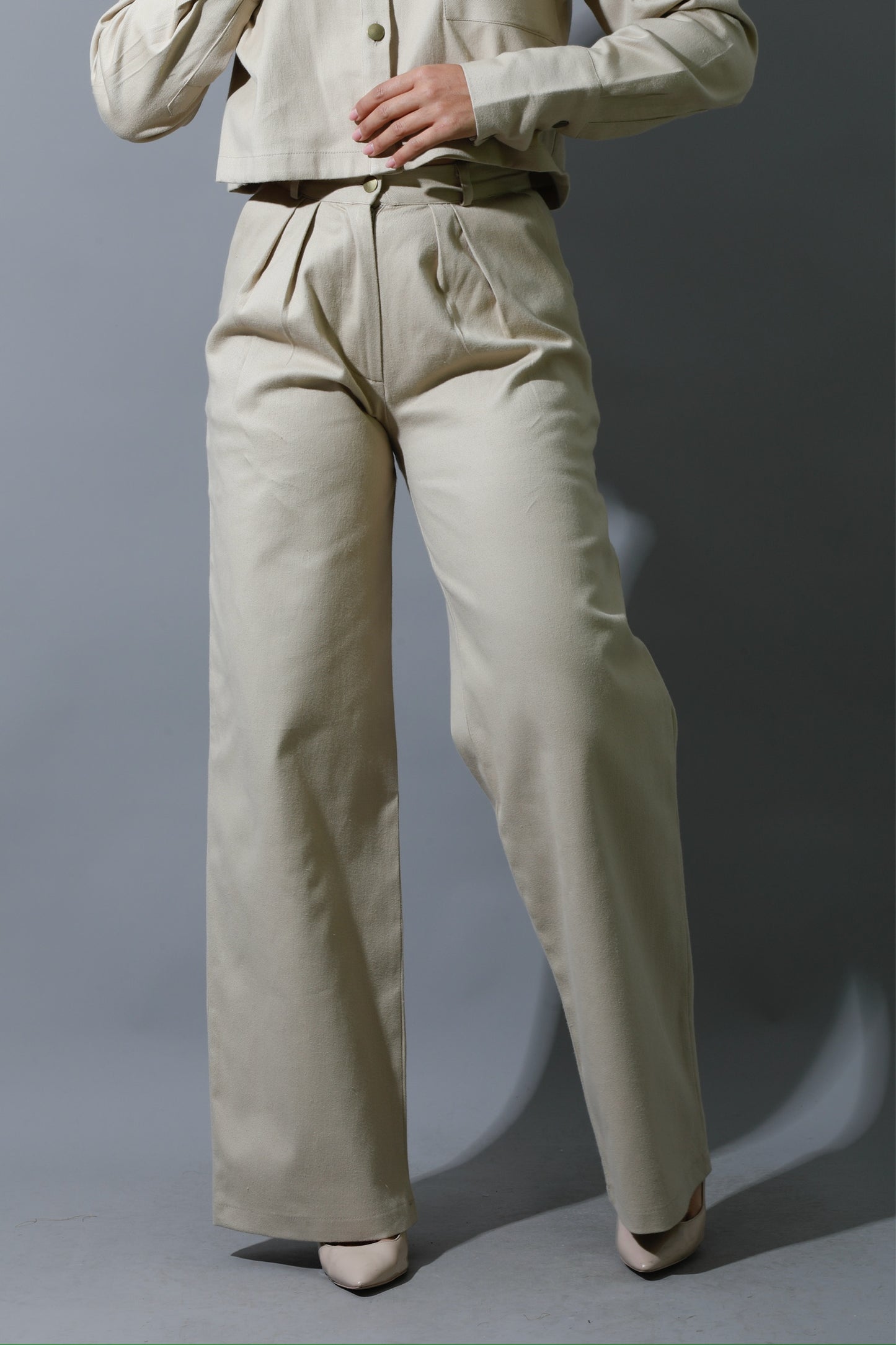Co-ord Pleated Wide Leg Pants - Beige