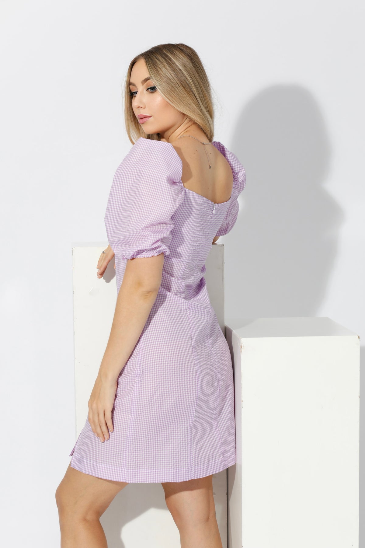 Short Dress with Puff sleeves - Checks Purple