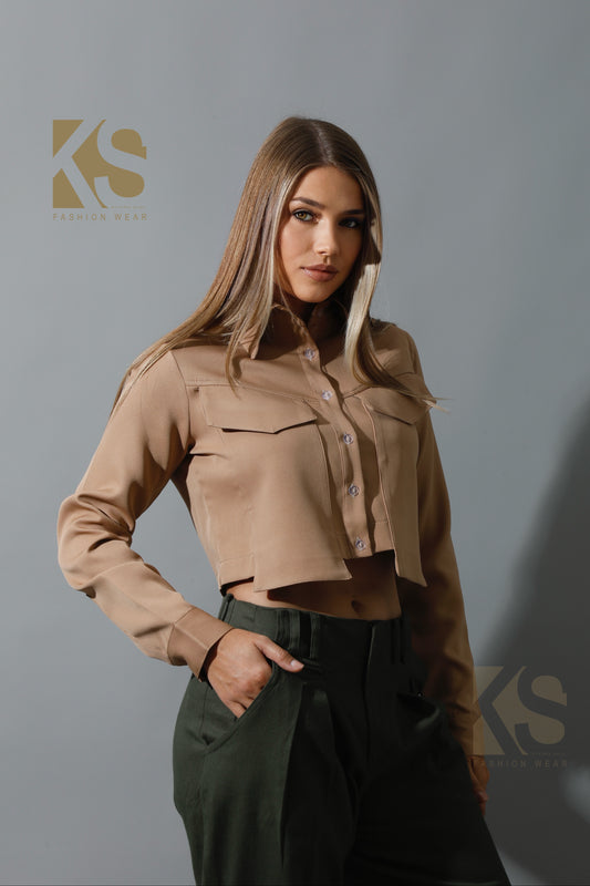 Pockets Cropped Shirt - Beige